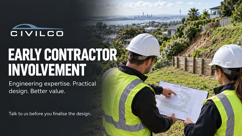 Two civil construction professionals reviewing plans beside a retaining wall on an Auckland hillside.