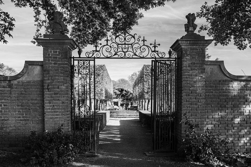 A black and white photograph of wrought iron gates opening into a view of a garden