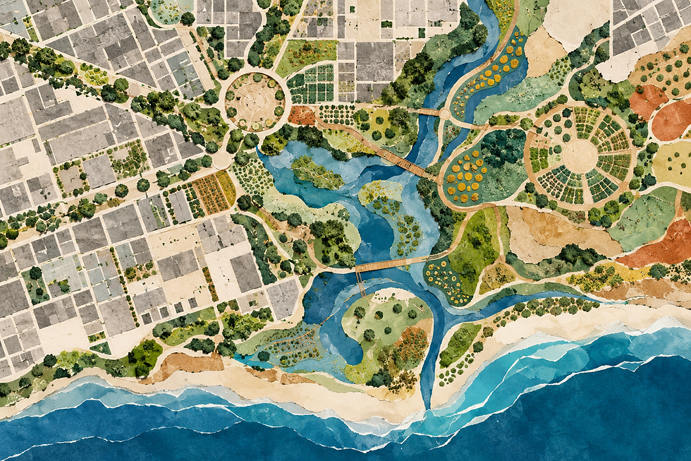 Conceptual map-like editorial collage showing gray urban blocks connected to green ecological circles, gardens, waterways, and the California coast.