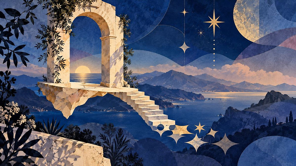 Original dreamlike editorial illustration of a floating arch and stair above a blue coast; conceptual artwork, not a view of the museum or exhibition.