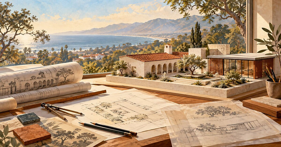 Conceptual editorial illustration of an architect’s drafting table, blueprints, and a fictional model blending Santa Barbara arcades with California modernism above a coastal landscape.