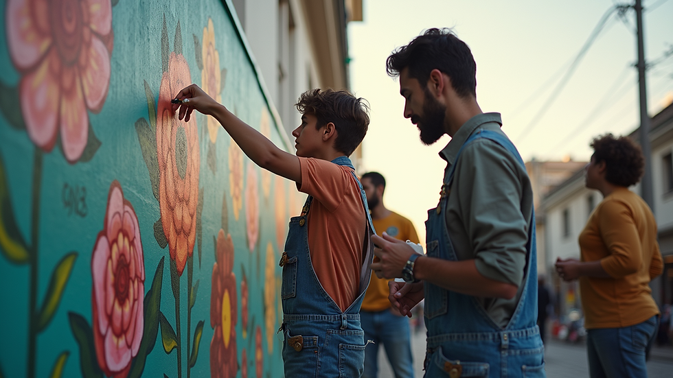 Eye-level view of a group of artists collaborating on a mural