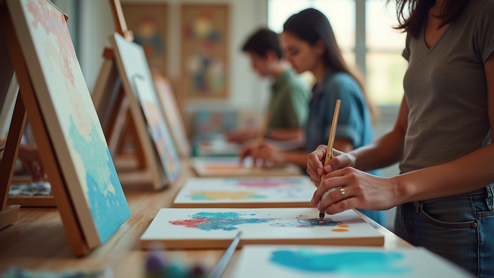 Eye-level view of a community art workshop with artists painting on canvases