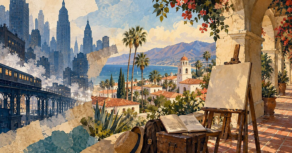 Conceptual editorial illustration pairing New York skyscrapers and an elevated train with Santa Barbara arcades, palms, mountains, and coast, suggesting Colin Campbell Cooper’s move from urban cityscapes to California light.