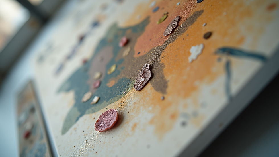 Close-up view of a collaborative art project with mixed media elements