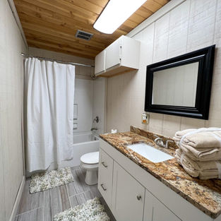 Downstairs bathroom with granite counter, shower, toilet and bath.