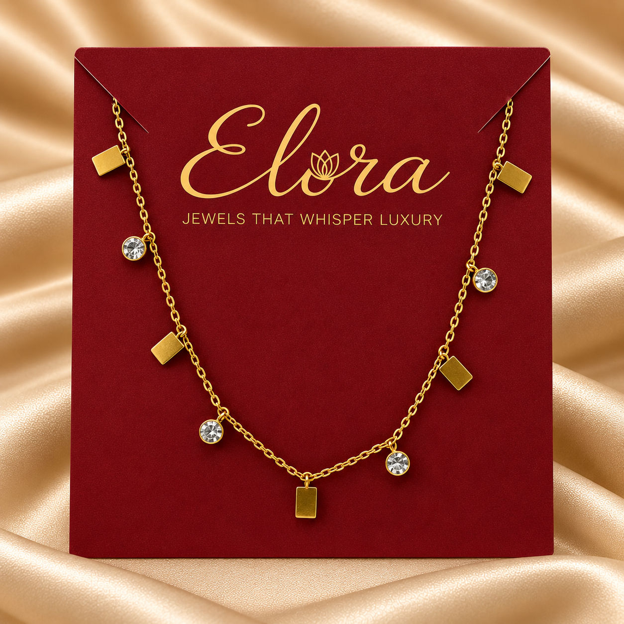 18K Gold Multi-Charm Station Choker with Rectangular Plates & Solitaire CZ Drop