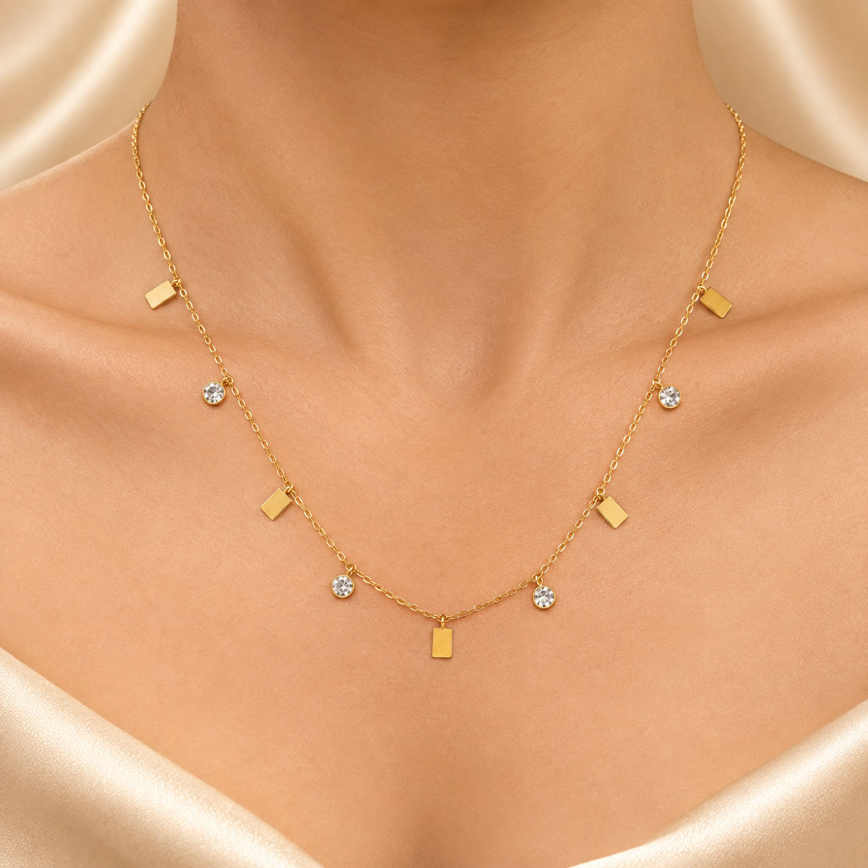 18K Gold Multi-Charm Station Choker with Rectangular Plates & Solitaire CZ Drop