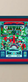 Marco azul de madera maciza fabricado a mano con marialuisa roja, de perfil totalmente plano y sin caja de sombra. Exhibe el póster oficial ilustrado del FIFA World Cup 26 de Monterrey, destacando la calidad del ensamblado manual.