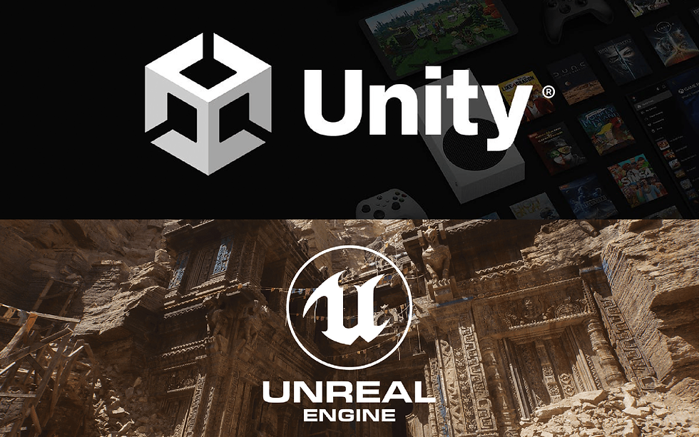 Split banner with the Unity logo above game thumbnails and the Unreal Engine logo over rocky ruins.