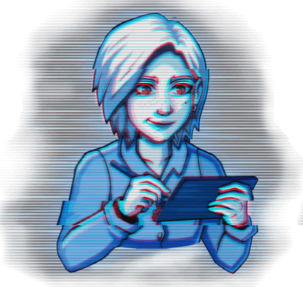 Blue-toned avatar with white hair and red eyes drawing on a tablet; stylus in hand, scanline glow behind.