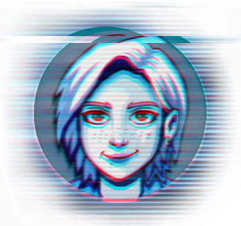 Blue-toned circular avatar of the designer: short white hair, red eyes, and a scanline glow within a ringed badge.