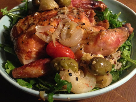 Cumin Rubbed Cornish Hens with Lemons and Green Olives