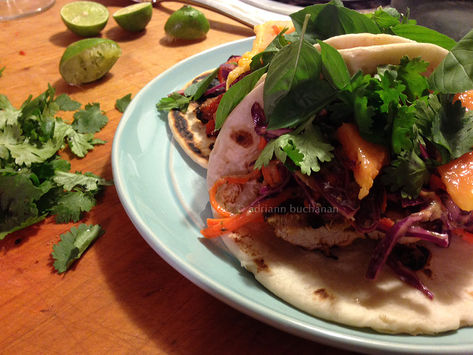 Caribbean Tacos with Jerk Pork and Papaya Dressed Slaw