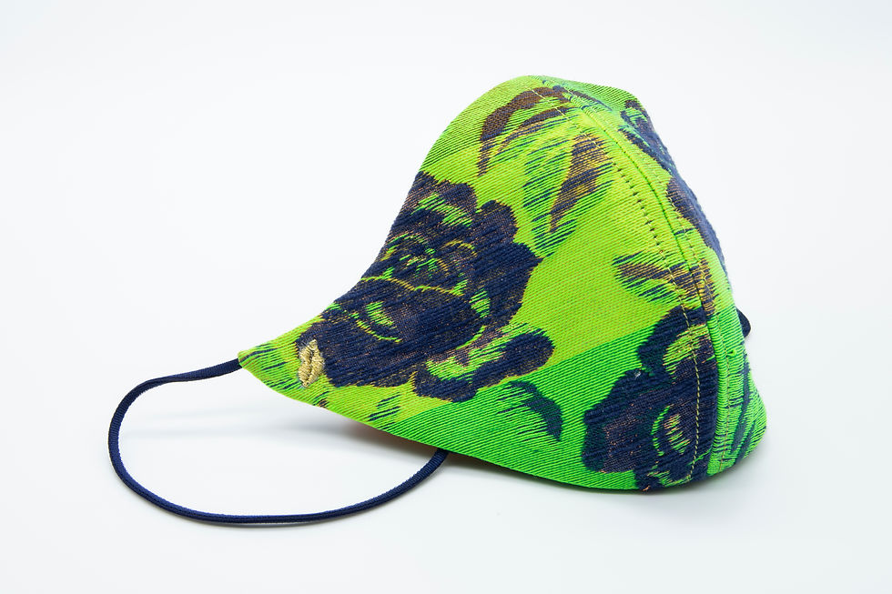Miniatura: Mascherina protettiva in cotone jacquard blu e verde fluo con motivo floreale da indossare alle feste