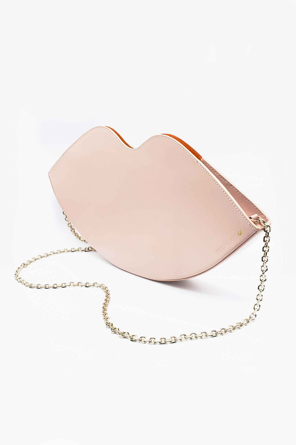 Borsa a forma di bocca in pelle italiana rosa nude a tracolla o a mano con catenella