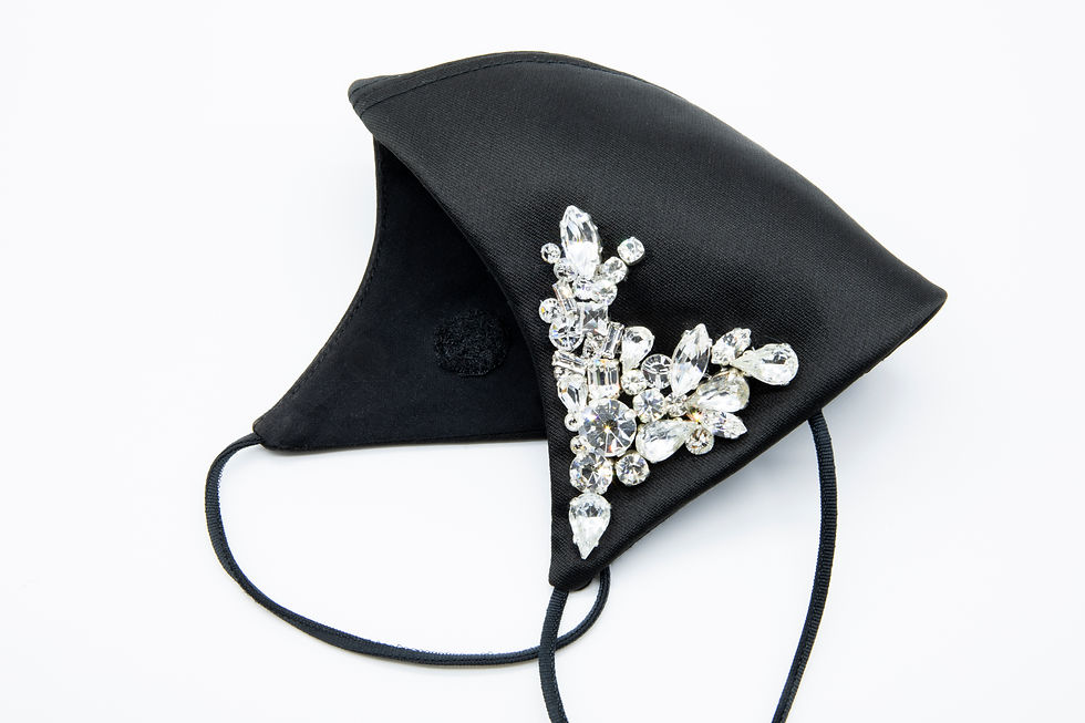 Miniatura: Mascherina protettiva elegante, in mikado di seta nera con ricamo in Swarovski cristallo, ideale per cerimonie e lavabile