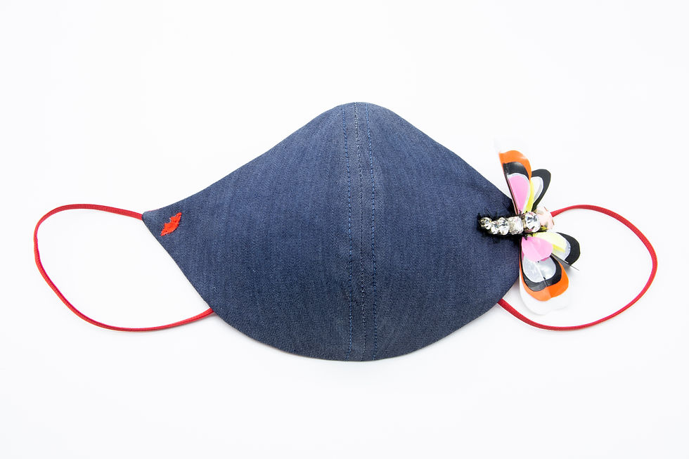 Mascherina protettiva fashion in jeans leggero con farfalla di Swarovski e paillettes lavabile e riutilizzabile