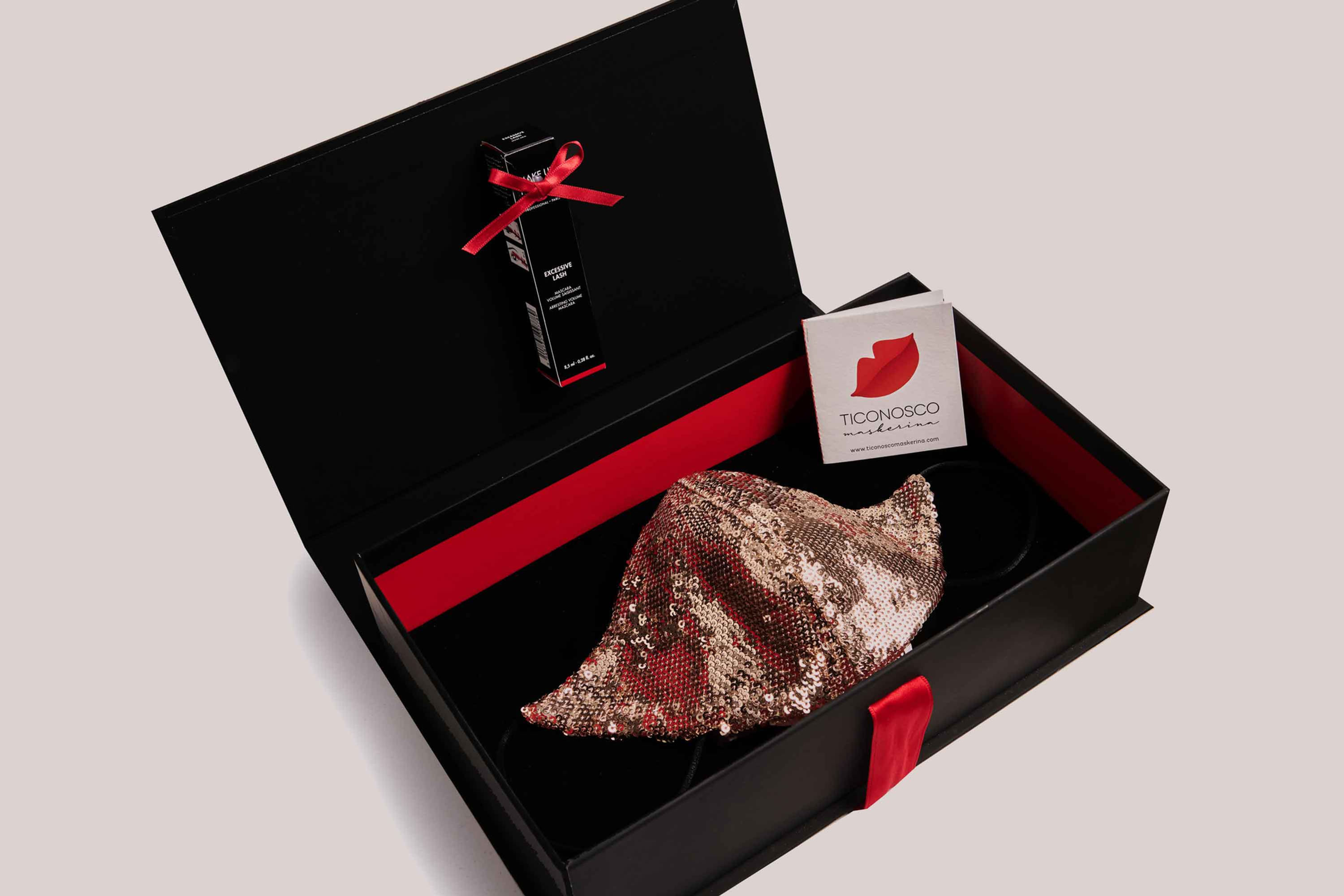 Mascherina in Paillettes Oro e Mascara Gift Box