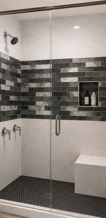 Frameless glass shower with custom tile installation and built-in niche