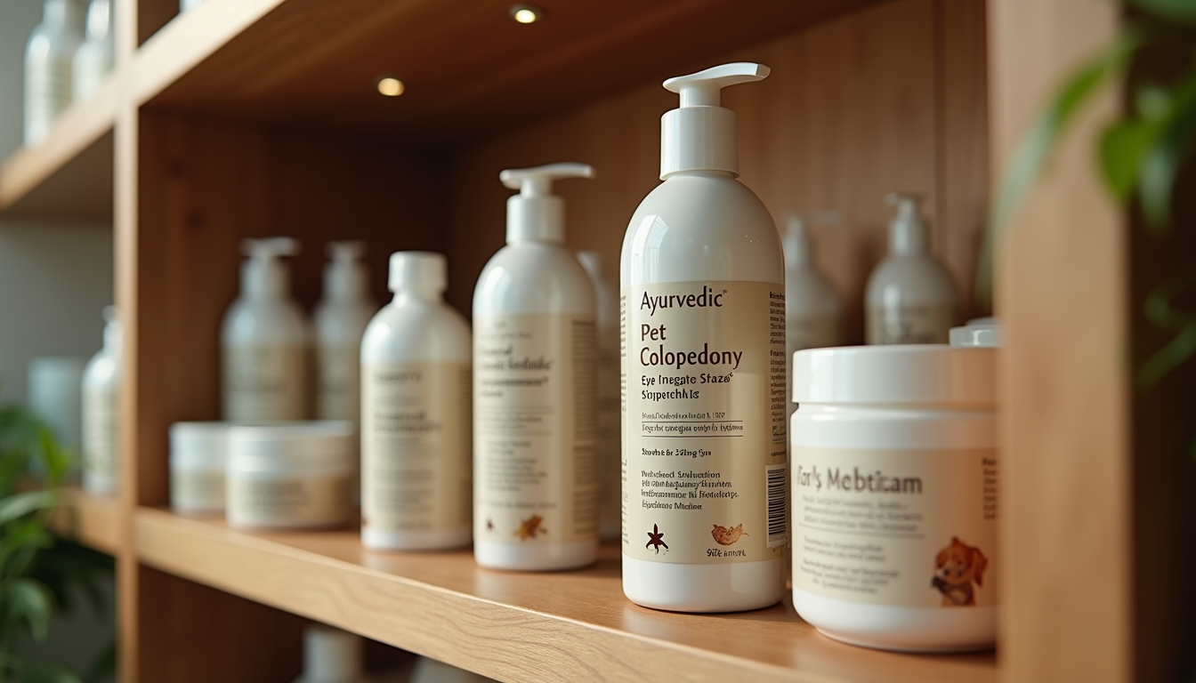 Eye-level view of Ayurvedic pet care products on a wooden shelf
