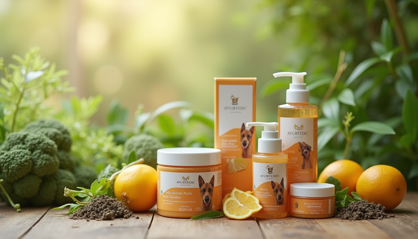 High angle view of Ayurvedic pet care products displayed with fresh herbs and natural elements
