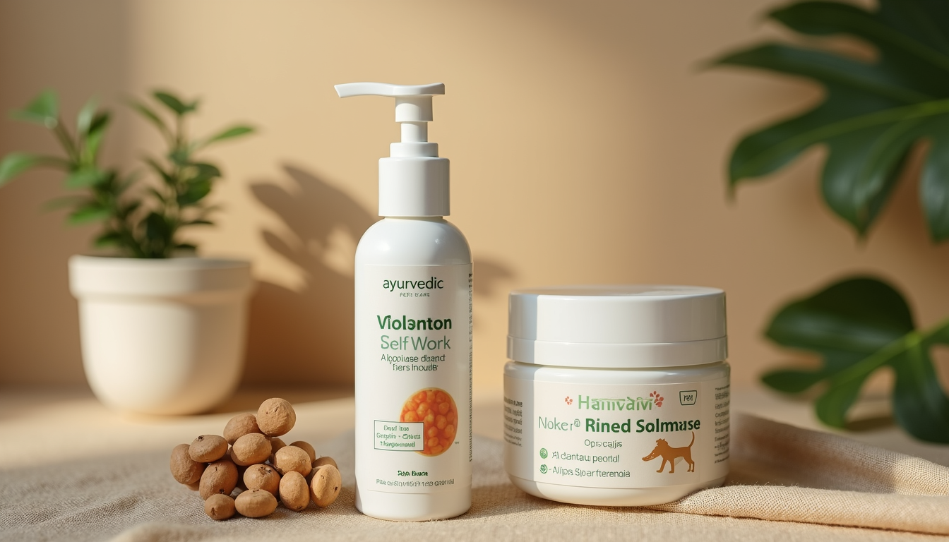 Eye-level view of Ayurvedic pet care products with eco-friendly packaging on a natural fabric background