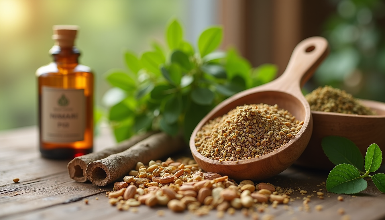 Close-up view of Ayurvedic herbs and natural ingredients used in pet wellness products