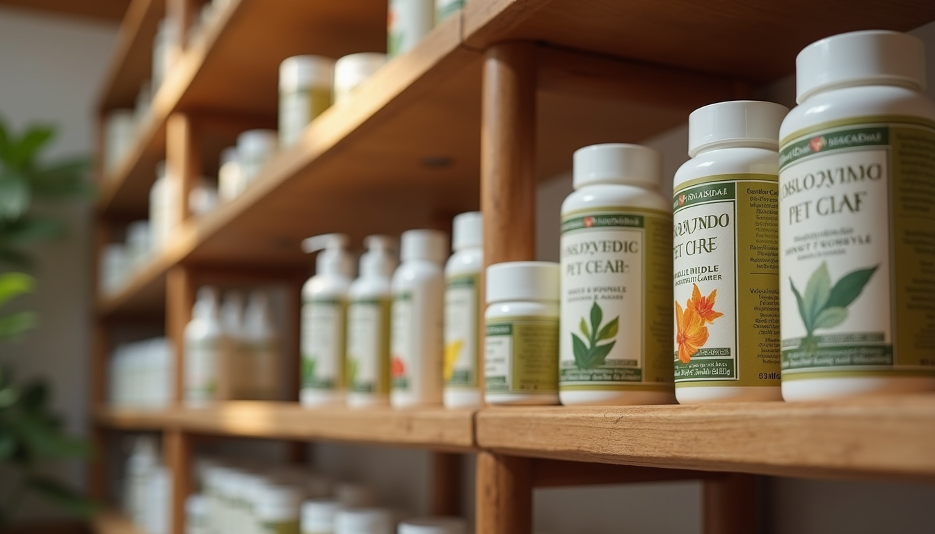 Eye-level view of Ayurvedic pet care products displayed on wooden shelves