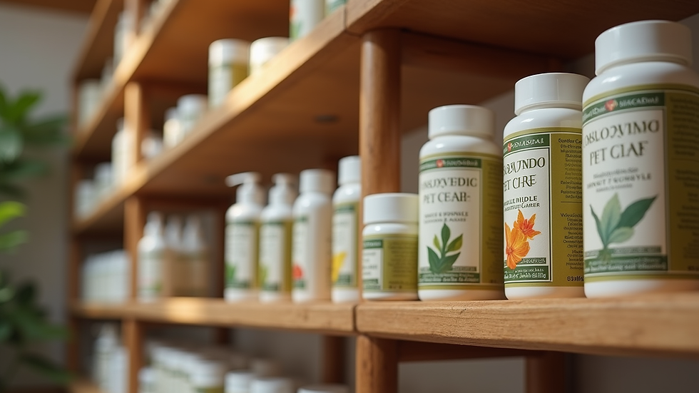 Eye-level view of Ayurvedic pet care products displayed on wooden shelves