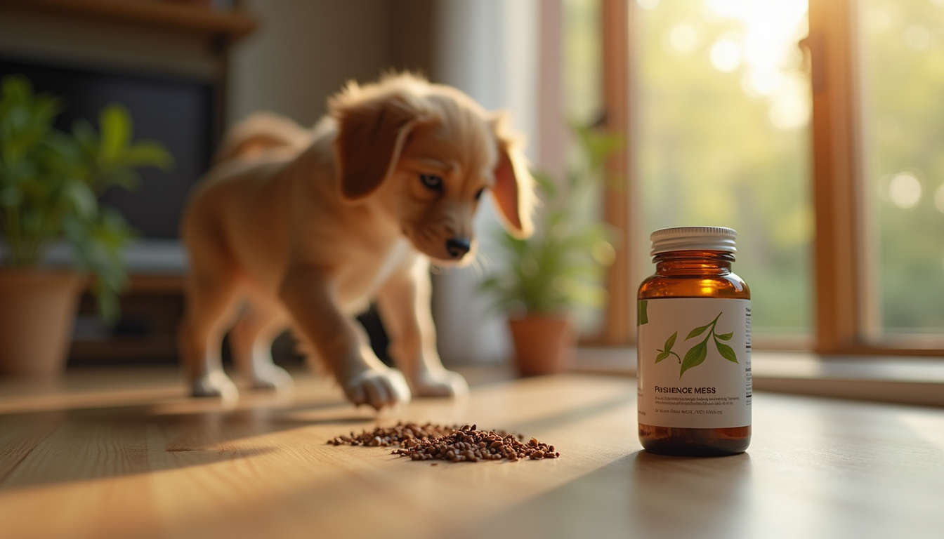 Eye-level view of natural pet joint care supplement bottle with Ayurvedic herbs