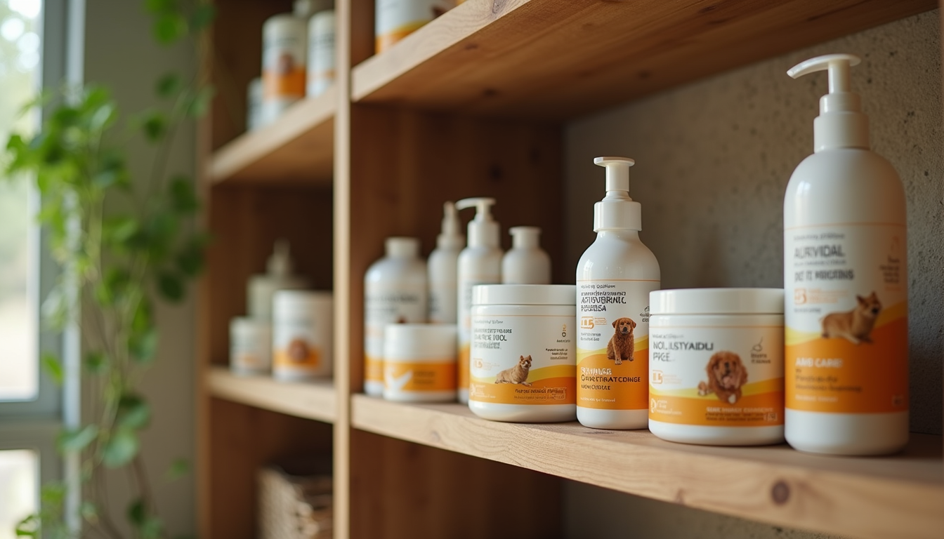 Eye-level view of Ayurvedic pet care products on a wooden shelf