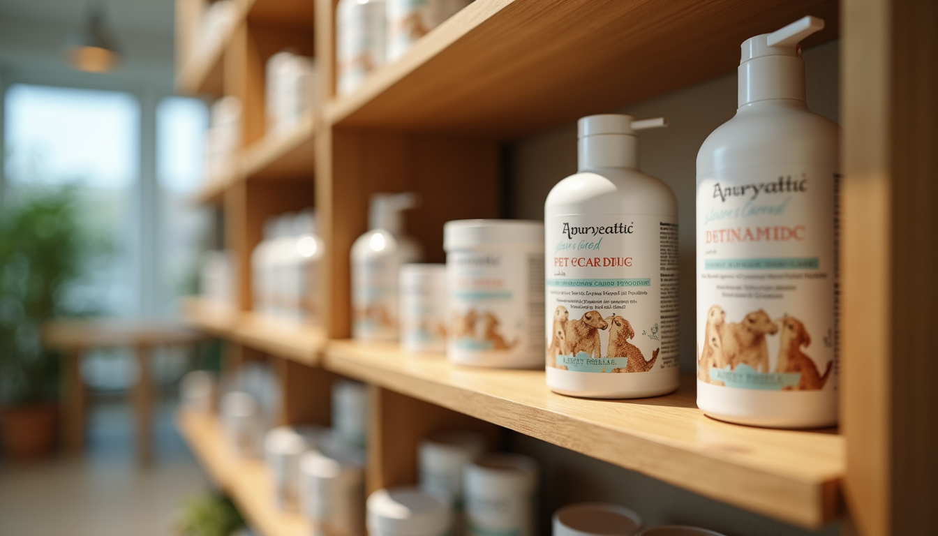 Eye-level view of a shelf displaying natural Ayurvedic pet care products