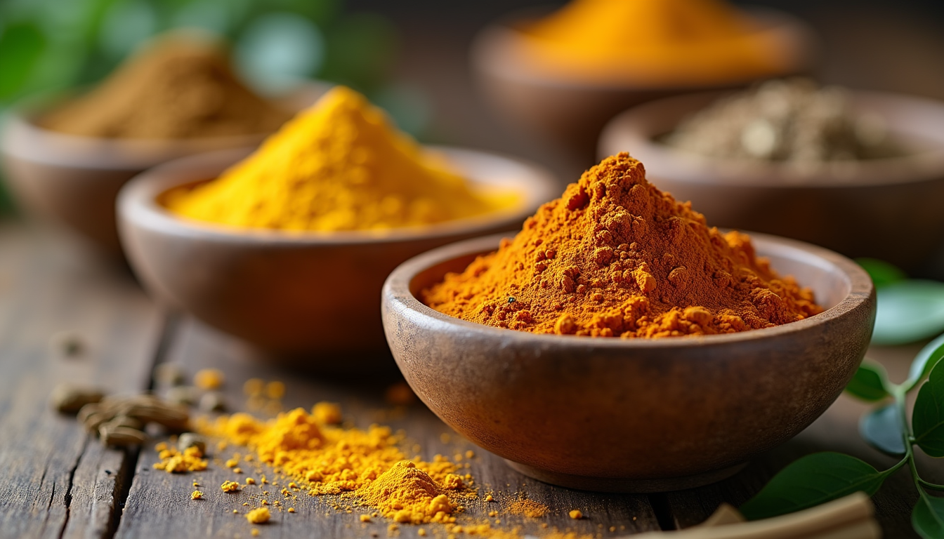 Close-up view of Ayurvedic herbs and powders in wooden bowls