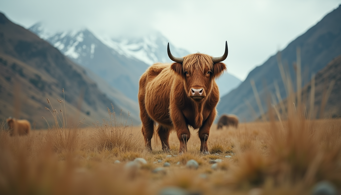 Eye-level view of a yak grazing in a Himalayan pasture