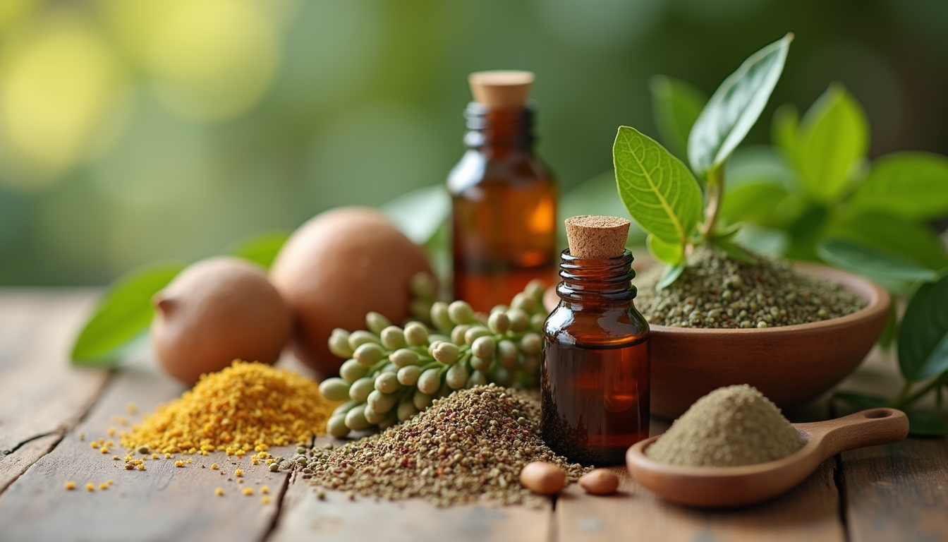Close-up view of Ayurvedic herbs and natural pet care products arranged on a wooden surface