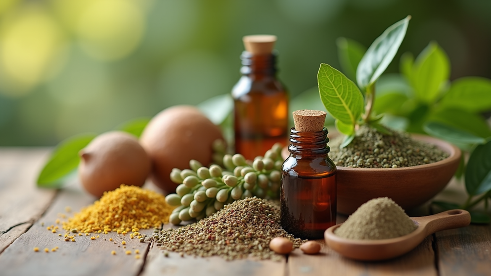 Close-up view of Ayurvedic herbs and natural pet care products arranged on a wooden surface