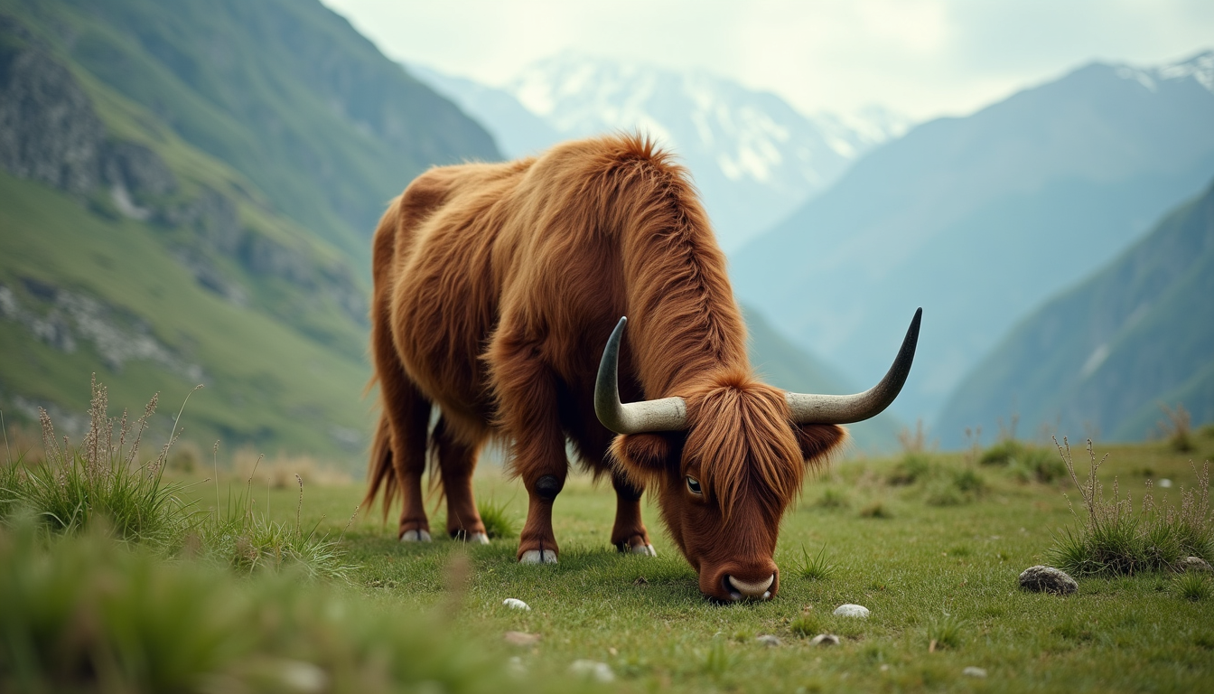 High angle view of Himalayan yak grazing on green pasture