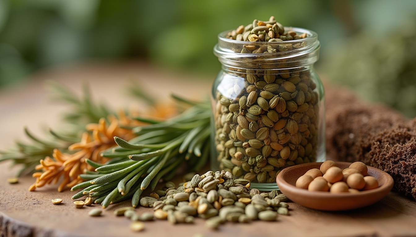 Close-up view of Ayurvedic herbs and natural ingredients used in pet wellness products