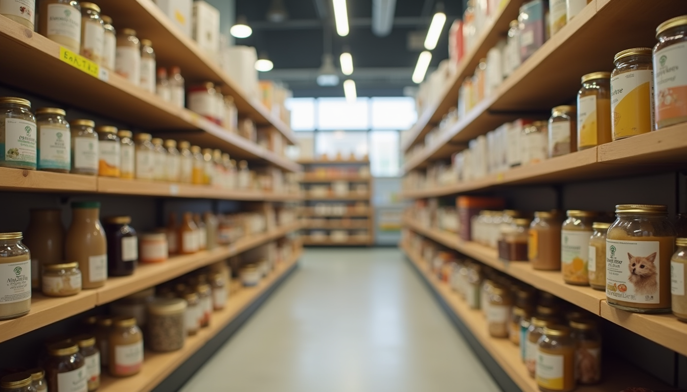 Eye-level view of shelves filled with natural Ayurvedic pet products