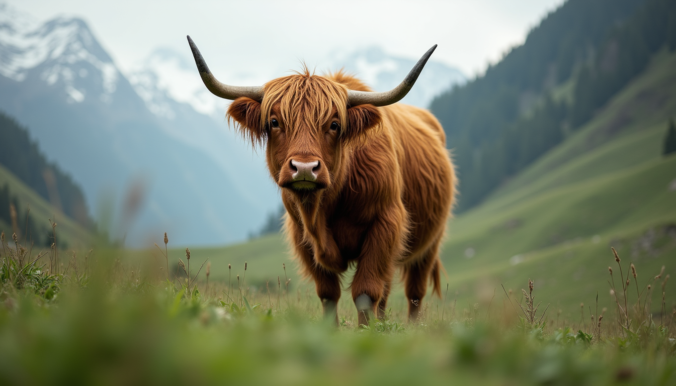 Eye-level view of Himalayan yak grazing on green pasture