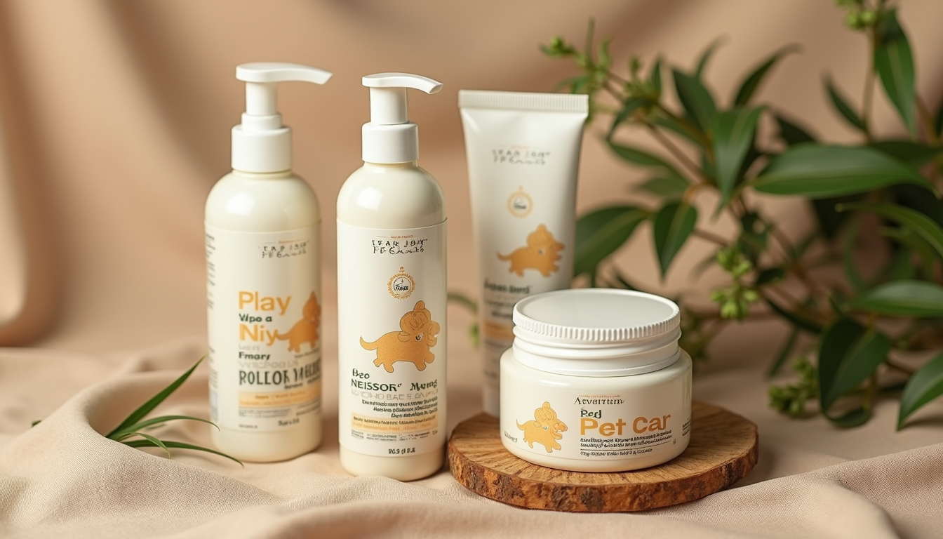 Eye-level view of Ayurvedic pet grooming products with natural ingredients on a rustic shelf