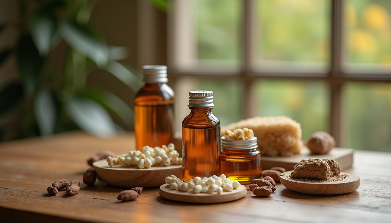 Wide angle view of natural Ayurvedic pet products arranged on wooden surface