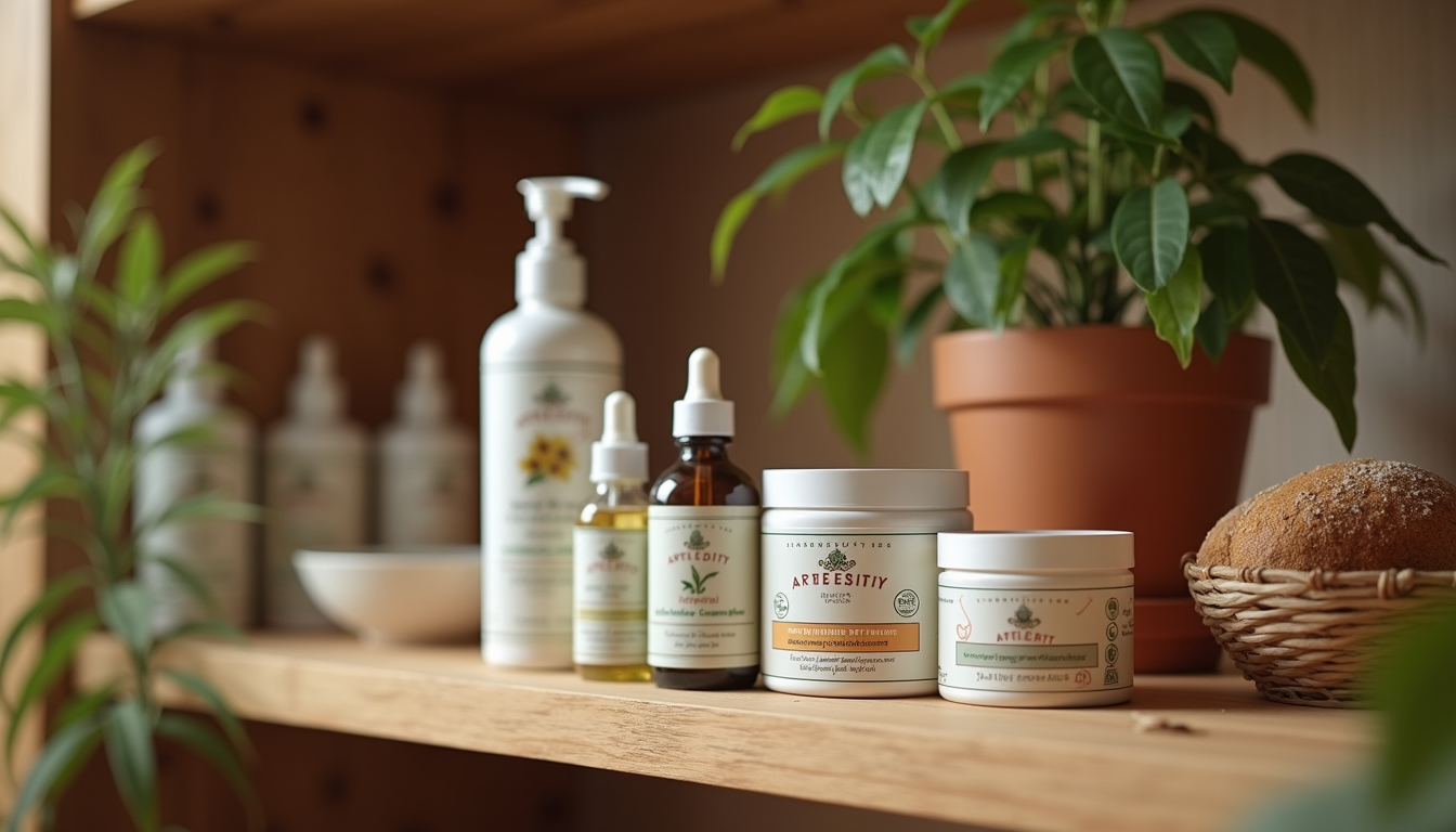 Eye-level view of Ayurvedic pet care products arranged on a wooden shelf