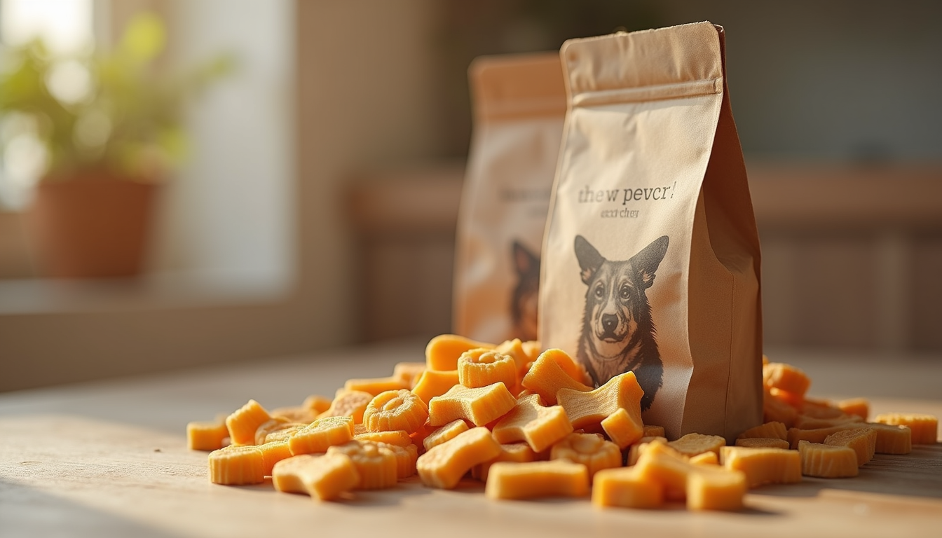 Eye-level view of eco-friendly packaging for dog chews