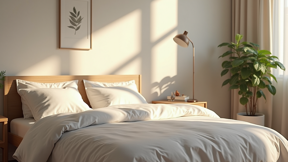 Close-up view of a cozy minimalistic bedroom with natural light