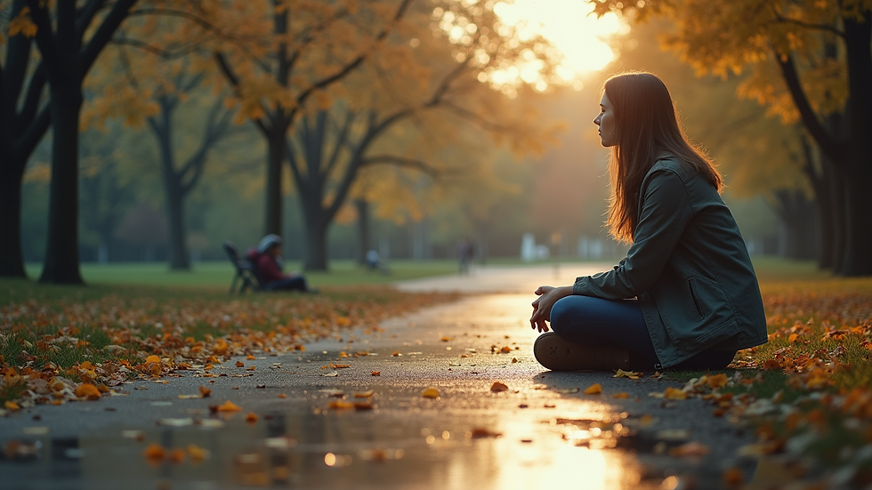Eye-level view of a person sitting quietly in a park, reflecting