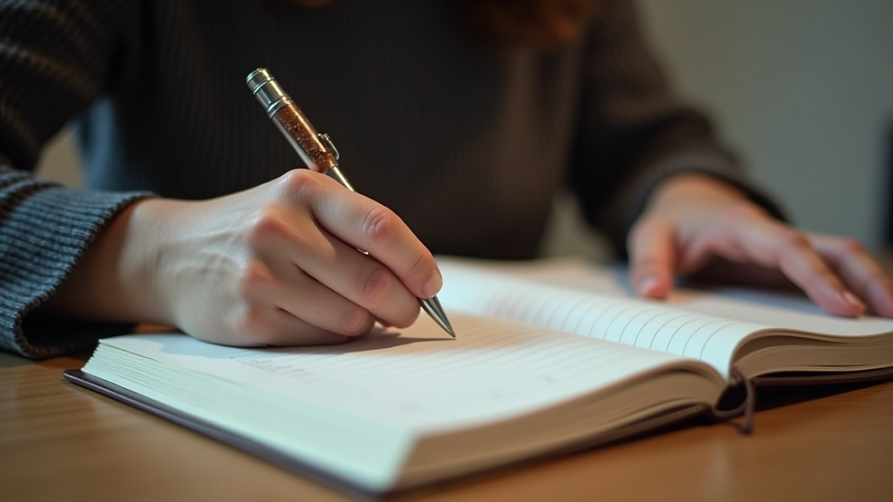 Close-up view of a person writing in a journal to track experiences