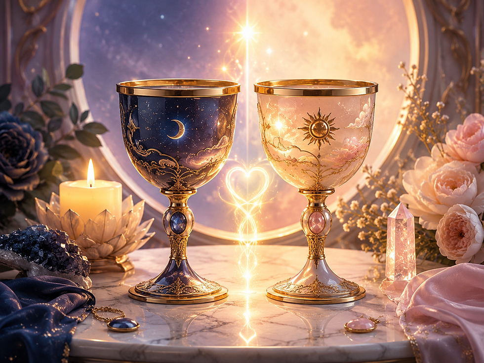 Close-up of Two of Cups tarot card with two figures exchanging cups, symbolizing emotional harmony