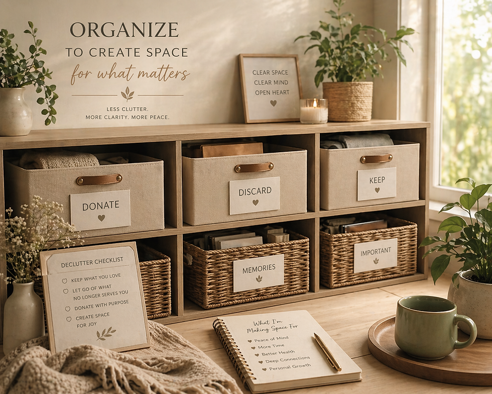 Close-up view of neatly organized boxes labeled for donation, discard, and keep